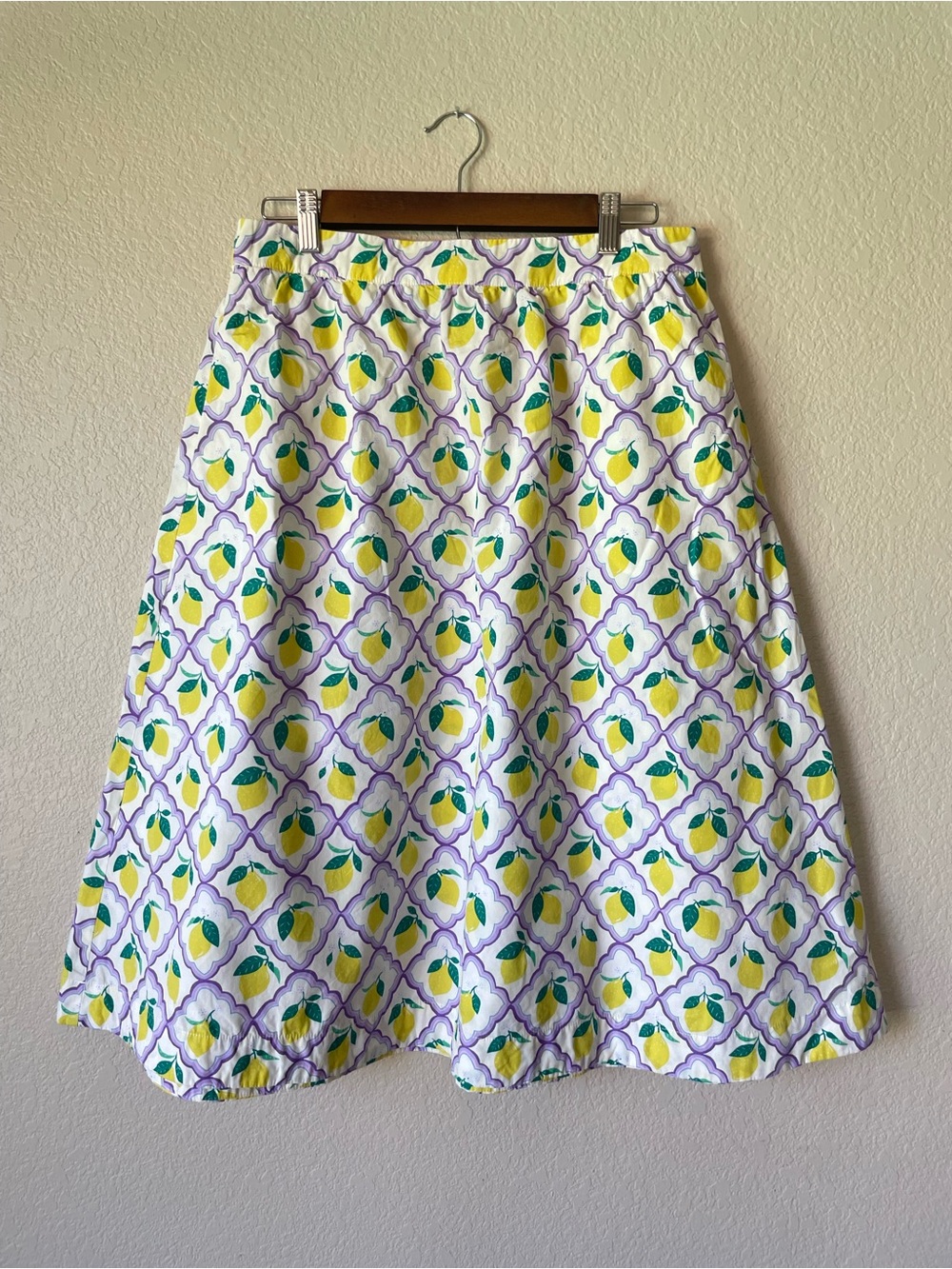 Boden Cotton A-Line Skirt with Yellow Lemon & Green Leaf Tile Print